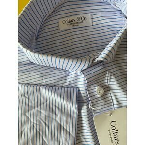 Collars & Co Men Featherweight Striped Polo Shirt M Blue White Wrinkle Resistant